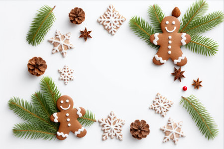 Festive Flat Lay: A Captivating Christmas Composition with Fir Tree Branches, Gingerbread Cookies, and Holiday Ornaments on a Serene White Backgroundの素材