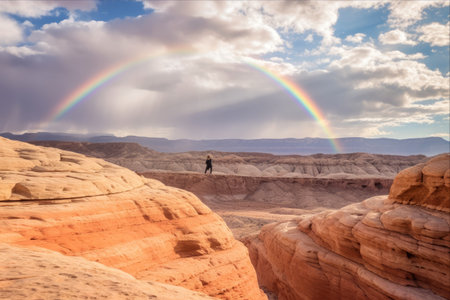 Mesmerizing Nevada: Tourist Bliss on Vibrant Sandstone Stripes, Embraced by Rainbowsの素材