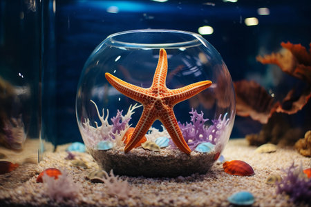 Captivating Aquatic Display: Starfish Adhered to the Glass of Magnificent 3:2 Aquarium Fish Tankの素材