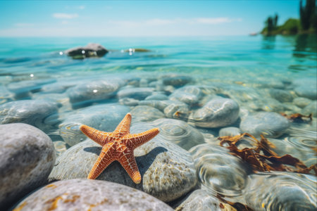 Enchanting Clifftop Encounter: The Majestic Starfish on a Sunny Pebble Beachの素材