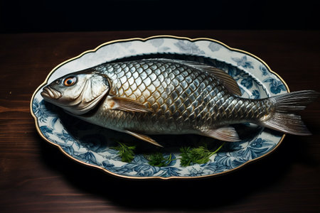 Exquisite Presentation: A Captivating Close-Up of Fish on a Plateの素材
