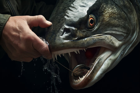 Unveiling Nature's Triumph: A Captivating Close-Up of a Man Releasing the Struggle of a Fishの素材