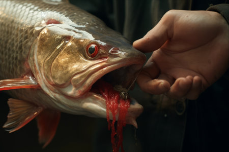 The Delicate Art of Catch and Release: Capturing the Moment of a Man Removing a Hook from a Fishの素材