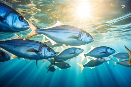 Captivating Underwater Scene: Sunlit School of Mediterranean Sea Breams in Sicilyの素材