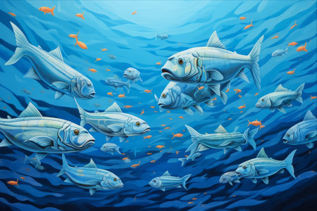 A Tranquil Encounter: Exploring a Vibrant School of Fish in a Blue Water Oasis (AR 3:2)の素材