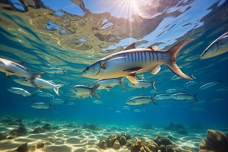 Majestic Dance: The School of Mackerel Fish Beneath the Sunrays of Safaga, Egypt's Red Seaの素材