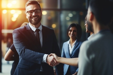 The Power of Unity: Smart Colleagues Embrace New Opportunities as Prudent Boss Entrusts Crucial Business Project for Corporate Success. A Company Meeting Redefining the Future. [3:2 Aspect Ratio]の素材