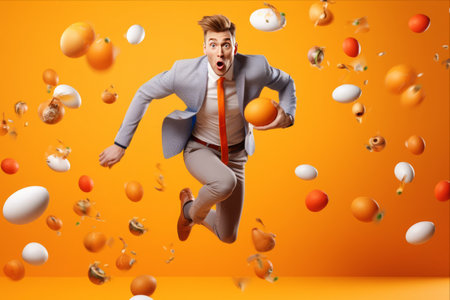 Jovial Easter Celebrations: Dynamic Collage of a Cheerful Young Man Jogging with a Vibrant Orange Egg, set against a Playful Illustrated Backgroundの素材