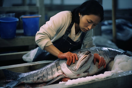 Rinse and Package: A Female Fish Farm Worker Maintains Freshly Caught Sturgeonの素材