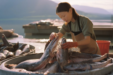 The Aquatic Artisan: Captivating Moments of a Female Fish Farm Worker Washing and Packing Freshly Caught Sturgeonの素材