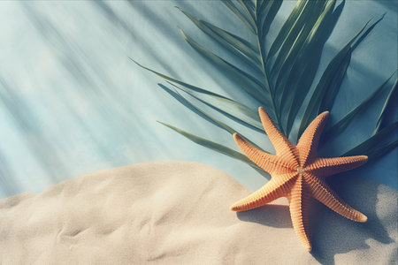 Retro-Styled Starfish: Sand, Blue Paper, and Palm Leaf Shadow - AR 3:2の素材