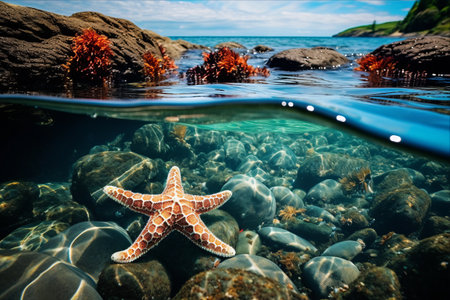 Tranquil Scene: Starfish Basking in Calm Tidal Poolの素材