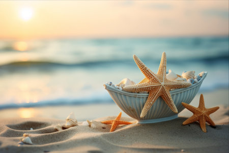 Serenity Under the Sea: A Majestic Starfish Crowned Amidst a Pristine Ocean, Beach, White Boat, and Seascape - Captured with Striking Shallow Depth of Field (AR 3:2)の素材