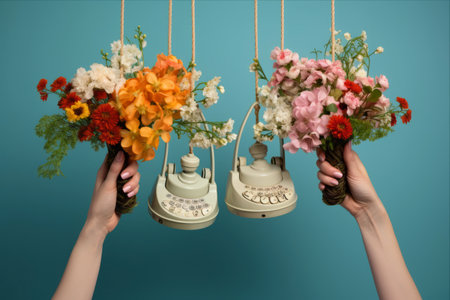 Blossoming Connections: Fleurs and Female Hands Embrace Telephonic Delightの素材