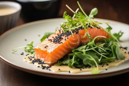 Gourmet Fusion: Citrus-infused Salmon with Grapefruit Sauce, Arugula, and Black Sesame Seedsの素材