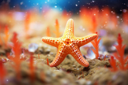 Shimmering Starfish Amidst Blurred Shrimp Background: A Mesmerizing Close-up Shot in 3:2 Aspect Ratioの素材