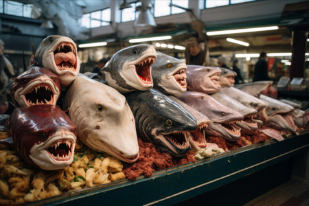 Thriving Trade: Shark Heads Make a Splash on the Local Market Fishmongerの素材