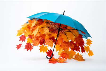 Falling Colors: A Stunning Symbolic Autumn Image Enchanting Maple and Rowan Leaves Embrace an Overturned Blue Umbrella on a White Canvasの素材