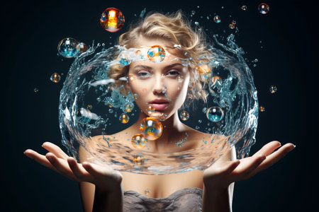 Innovative High Tech Touch! Creating an Amazed Digital Collage of a Young Lady in Realistic Water Fluid Sphereの素材