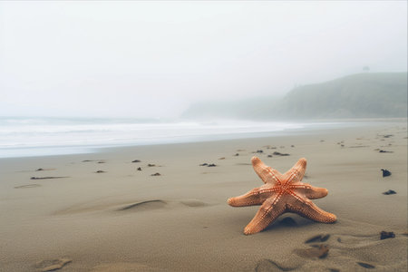 Mysterious Encounters: A Foggy Day at the Beach with Starfishの素材