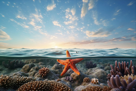 Sparkling Starfish: A Captivating Morning Scene in Abundant Watersの素材