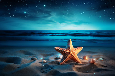 A Celestial Serenade: Starfish on a Nocturnal Beach, Amidst the Majestic Sea and Milky Wayの素材