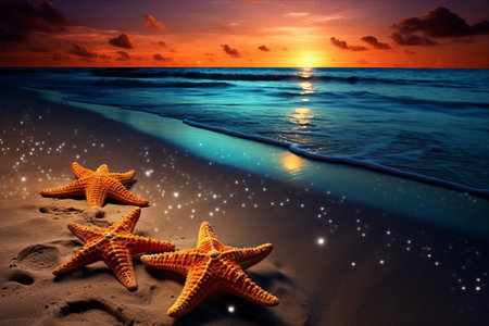 Stargazing Serenity: A Night on the Beach with Starfish, Sea, and the Milky Wayの素材