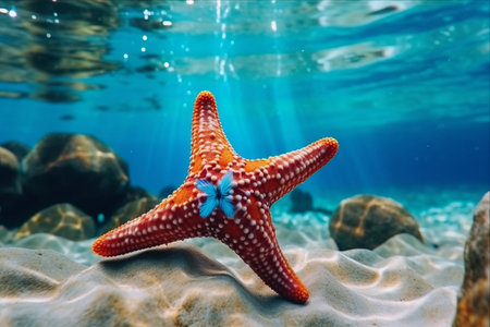 Exploring the Underwater Wonderland: Blue Starfish on the Vibrant Coral Reefの素材