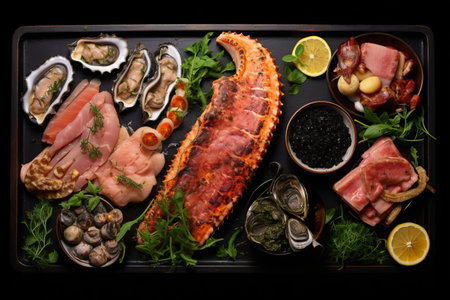 Under the Sea Delight: Exquisite Seafood Charcuterie Platter Showcasing Shrimp, Oysters, Fish, and Octopus on an Elegant Black Backgroundの素材