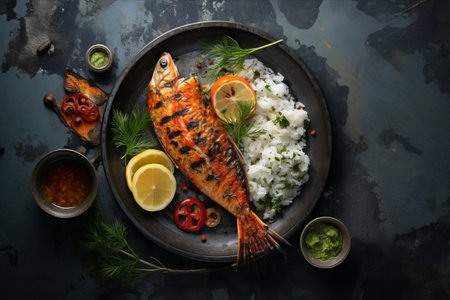 Sizzling Seafood Delight: Grilled to Perfection on a Grey Concrete Plate [AR 3:2]の素材