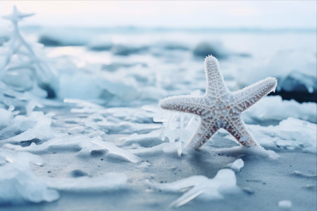 Frozen Wonders: Starfish in Winter, Asteroidea Encased in Ice on Snowy Shores of the Arctic Coastの素材