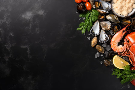 Exquisite Seafood Delights: A Captivating Display of Fish, Crustaceans, Oysters, Mussels, and More, Amidst a Lustrous Black Stone Background - Unleashing Culinary Artistry! AR 3:2の素材