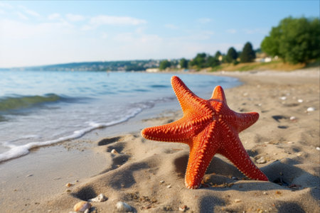 Enchanting Encounter: Starfish Gracefully Adorn the Sandy Shores of Kerch, Crimea, Russiaの素材