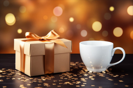 A Perfect Blend: A Cup of Coffee and a Surprise Gift Box Sprinkled with Confettiの素材