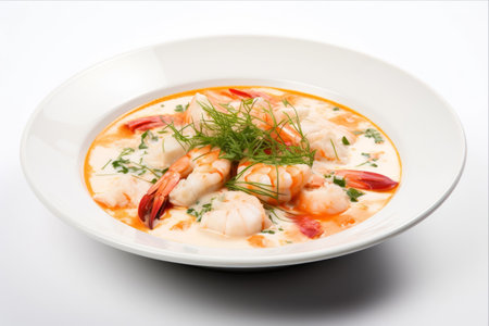 Wholesome Delights: A Captivating Seafood Soup Presentation on a Crisp White Canvas (AR 3:2)の素材