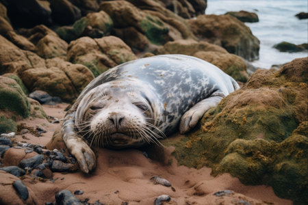 Tranquil Scene: The Serene Sleepy Seal at Ravenscar, Robin Hood's Bay, Yorkshire Coastの素材