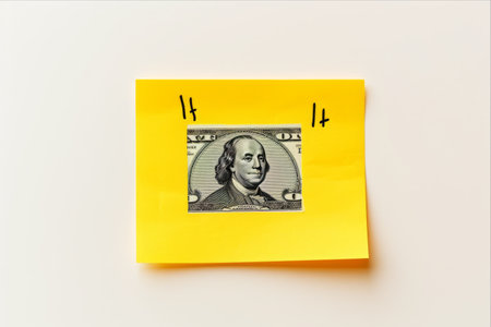 Embodying Thai Business: Iconic Currency Baht Drawing on Yellow Sticky Note Paperの素材