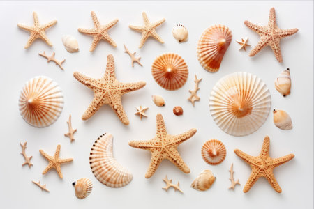 Majestic Starfish Amidst Seashells: A Captivating Display in a Pristine Backgroundの素材