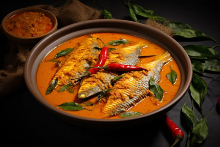 Exquisite Seer Fish Curry: A Taste of Tradition Presented in a Delicate Ceramic Bowl Surrounded by Vibrant Curry Leaves and Fiery Chilies against a Textured Grey Canvasの素材