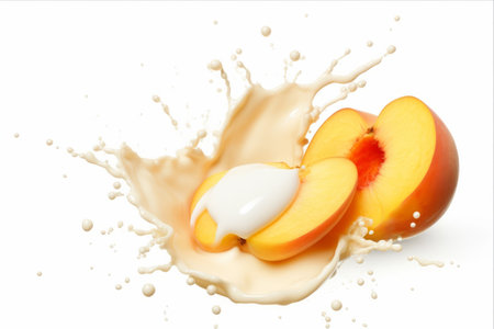 Milky Splashes: Isolated White Background Highlighting Cut Peach -AR 3:2の素材