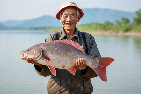 Capturing Serenity: A Joyful Elderly Asian Fisherman and his Prized Tilapia in Lakeside Splendorの素材