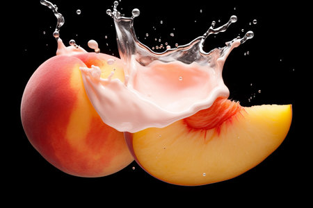 Peachy Milk Delight: Splash of Cut Peaches in Isolated White Backgroundの素材