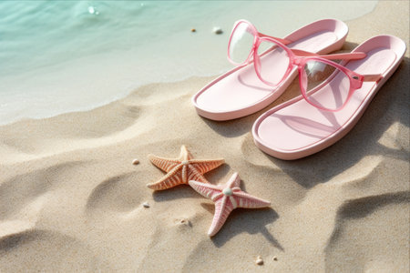 Beach Chic: The Perfect Combo of Stylish Pink Flip Flops, Sunglasses, Starfish, and Seashells on Sandy Shores -AR 3:2の素材