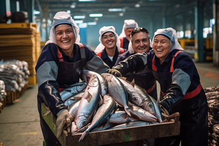 The Seafood Superstars: Smiling Staff of a Vibrant Fish Processing Plant Touting a Massive Cart of Pristine Packed Fish --ar 3:2の素材