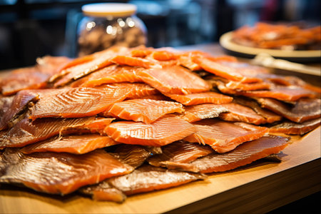 Cold-smoked Salmon Belly Strips: A Popular Russian Delicacy in Store Showcase (AR 3:2)の素材