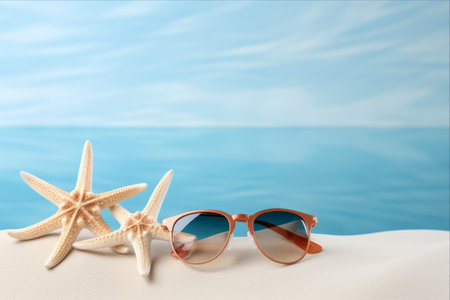 Coastal Chic: Vibrant Sunglasses and Beach Treasures on a Beachy Backdropの素材