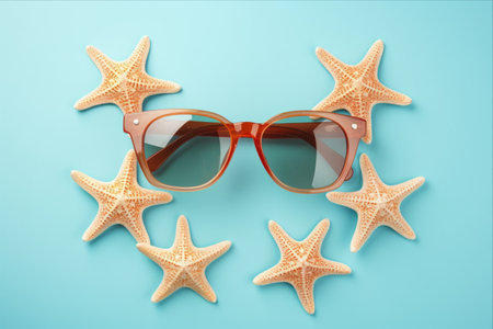 Coastal Chic: Stylish Sunglasses, Starfish, and Seashells on a Light Blue Oasis - A Captivating 3:2 Flat Layの素材