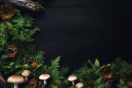 Mystical Forest Enchantment: A Captivating Mockup of Mushrooms, Bark Tree, Moss, and Fern Leaf on a Dark Backgroundの素材