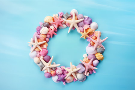 Abstract Starfish Sea Shell Wreath: A Heavenly Marine Life Composition on Rainbow Coloured Sky Cloud Backgroundの素材