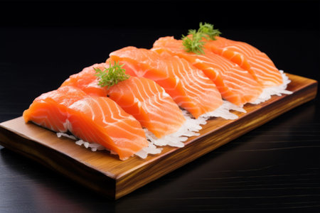 Deliciously Fresh Salmon Sushi: A Tempting Delight on a Wooden Whiteboard!の素材